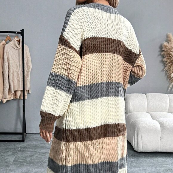 Multicolor Casual Women's Colorblock Patchwork Long Open Front Cardigan - Picture 3 of 6